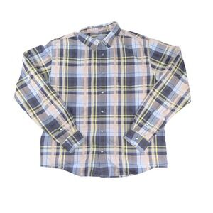 PrAna Shirt Mens Large Blue Gray Yellow Plaid Snap Button Long Sleeve Casual